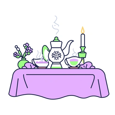 A romantic setup for two with a beautiful teapot and cups of green tea on a candlelit table.