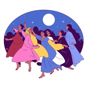 People dancing under the full moon with flowing robes and joyful expressions