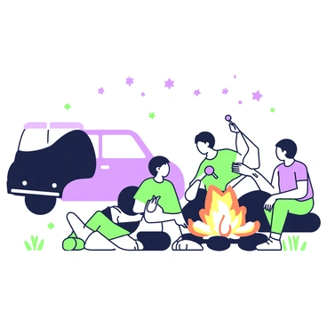 A car silhouette is positioned to the left, casting a dark profile against the scene. In the foreground, a campfire burns brightly, with flames and glowing embers visible. Around the campfire, there are several people gathered, some sitting on logs while others stand. They are engaged in conversation, with one person holding a stick, toasting a marshmallow over the fire. The night sky is clear, showcasing a few stars above. The atmosphere is filled with warmth from the fire, creating a cozy gathering.