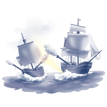 Two pirate ships are sailing closely, engaged in a fierce cannon battle. Each ship features large sails that are billowing in the wind. Cannons are protruding from their sides, with smoke billowing out from the cannon mouths as they fire. The scene captures the violent action of cannonballs splashing into the water, creating visible ripples and splashes around the ships. The background shows a tumultuous sea with waves rising and falling, adding to the intensity of the battle. The sky above is filled with dense clouds, further emphasizing the chaotic atmosphere of the confrontation.