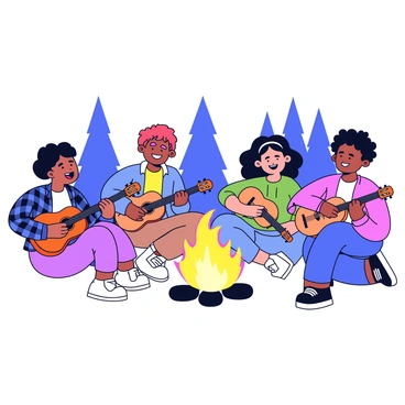 A group of five friends sitting in a circle around a campfire. Each friend has a guitar, with two playing while the others are singing along. The campfire is surrounded by small stones, and bright flames are dancing, casting warm light on their faces. The friends are dressed in casual clothing, with one wearing a plaid shirt, another in a hoodie, and others in t-shirts. In the background, silhouettes of trees can be seen against a darkening sky. The atmosphere is lively, with smiles and laughter among the group.