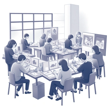 A spacious art workshop filled with participants engaged in various artistic activities. Each individual is focused on creating their own unique piece of art influenced by their faith. Some participants are painting on canvases, using brushes to apply intricate designs, while others are working with clay, molding it into meaningful shapes. Tables are cluttered with art supplies, including paints, brushes, clay tools, and sketchbooks. Natural light streams in through large windows, illuminating the diverse array of artworks in progress, showcasing personal interpretations of spiritual themes. The atmosphere is one of concentration and creativity as participants discuss their inspirations and share ideas.
