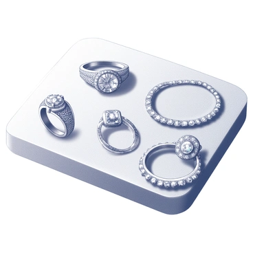 A display of various intricate jewelry pieces arranged on a soft surface. Each piece features ornate patterns, showcasing detailed engravings and designs. Some jewelry items include rings with elaborate filigree work, necklaces adorned with gemstones of different shapes and sizes, and bracelets featuring interwoven motifs. The gemstones are cut precisely, reflecting light and adding to the overall elegance of each piece. The composition highlights the craftsmanship and artistry of the jewelry, creating a sense of opulence and luxury.