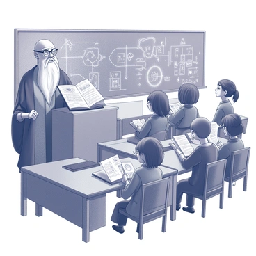 A classroom filled with wooden desks and chairs arranged in rows. At the front of the room stands "Dumbledore," an elderly wizard with a long white beard and glasses. He is wearing a long robe with intricate designs. In front of him is a large open book on a lectern, displaying "magical diagrams" with various symbols and illustrations. Behind him, a blackboard is covered with complex diagrams and arcane symbols, some glowing faintly. The students, various young wizards and witches, sit attentively, their expressions focused and curious as they take notes or raise their hands to ask questions. The atmosphere is filled with an air of enchantment and learning.
