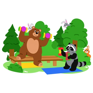 A bear with soft brown fur and a raccoon with distinct black markings are engaged in dumbbell fly exercises. The bear is lifting two small, colorful dumbbells, showcasing its muscular arms, while the raccoon, with its bushy tail, is mimicking the bear's movements with a smaller pair of dumbbells. They are positioned on a wooden workout bench surrounded by vibrant green trees and animated foliage. The forest gym has exercise mats in bright colors scattered around, and various animal friends, like a cheerful rabbit and a playful squirrel, are peeking out from behind the trees, watching their workout with curiosity and excitement.