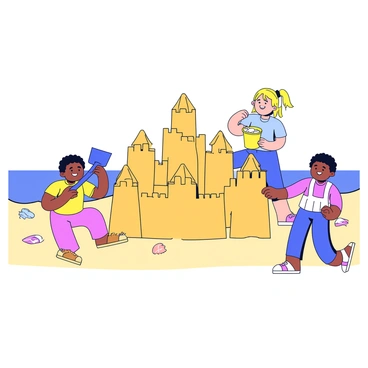 A group of three children is building a giant sandcastle on a sunny beach. One child is using a blue toy shovel, while another holds a yellow bucket filled with sand, ready to pour. The third child is shaping a tower at the top of the sandcastle, adding texture with their hands. The sandcastle features tall towers and walls with small windows. In the background, gentle waves lap at the shore, and a few seashells are scattered nearby. The children are all smiling and focused on their task.