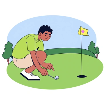 A golfer wearing a bright green polo shirt and beige shorts is crouched down, lining up a putt on a well-maintained green course. The golfer has an intense, focused expression on their face, with one hand resting on the putter while the other hand points towards the hole. In the background, there are neatly trimmed grass areas and a few scattered trees under a clear blue sky. The hole is marked by a small flag that flutters gently in the breeze.