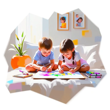 Two children, one boy and one girl, are sitting on a soft living room floor, surrounded by a cozy atmosphere. The boy, with short brown hair and a blue t-shirt, is focused on coloring with crayons, while the girl, with braided pigtails and a pink dress, is using colored markers. They are both engaged in adding vibrant colors to a large A3 illustration board spread out in front of them. Surrounding them are several crayons, markers, and colored pencils scattered around, along with a few colorful art books nearby. A soft, plush rug adds warmth to the scene, and there are family photos in frames on the walls, enhancing the homey feel.
