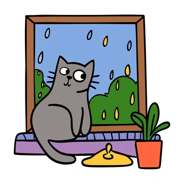 A cute gray tabby cat with big eyes sitting on a windowsill, watching raindrops slide down the windowpane. The cat has a relaxed posture, with its tail curled around its body. The background features a cozy room with warm lighting, and the raindrops are glistening on the glass, while the weather outside appears rainy and overcast. The interior includes soft textures like a knitted blanket and a potted plant nearby, creating a snug atmosphere.