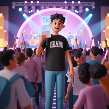 A teenager, wearing a black band t-shirt, blue jeans, and white sneakers, stands in the foreground with a look of excitement on their face. They have short, tousled hair and are holding a colorful concert ticket in one hand. Surrounding them is a cheering crowd, with people of various ages, many holding their hands up in the air, some waving glow sticks. Bright stage lights illuminate the scene, creating vibrant colors that enhance the lively atmosphere of the concert. The background features a large stage with a band performing, with instruments visible and a banner displaying the band's name.