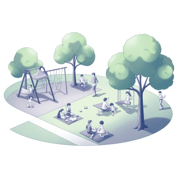 A suburban park filled with families engaging in various activities. Children are playing on swings and climbing equipment in a well-maintained playground. Several green trees provide shade and a sense of tranquility throughout the area. Some families are sitting on picnic blankets spread across the grass, enjoying food and drinks. In the background, people are walking or jogging along paved paths, while others are playing frisbee or tossing a ball. The overall atmosphere is lively, showcasing interactions among families and nature.
