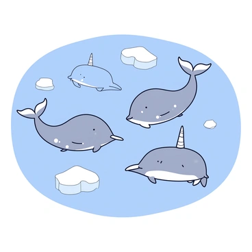 A pod of narwhals swimming in icy waters. Each narwhal has a long, spiral tusk that rises above the surface of the water. The water is a clear blue color with small, floating icebergs scattered around. The narwhals have a grayish skin pattern, with some displaying lighter speckles. Sunlight glints off the water's surface, creating a shimmering effect around the narwhals.