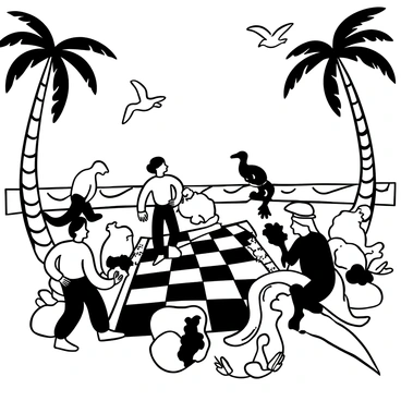 A group of humans and dinosaurs gathered around a large chessboard on a sandy beach, with palm trees swaying gently in the breeze. The humans are engaged in thought as they contemplate their moves, while the dinosaurs, featuring various species, observe with interest. Sunlight casts dynamic shadows on the chess pieces, which are intricately designed to resemble both humans and dinosaurs. The ocean waves can be seen in the background, creating a lively atmosphere, while seagulls fly overhead.