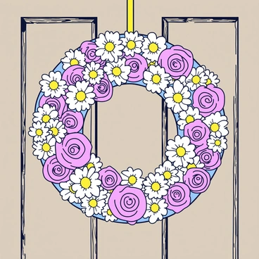 A close-up view of a handcrafted floral wreath. The wreath is adorned with bright white daisies and soft pink roses. The flowers are arranged densely, creating a vibrant display. The wreath is suspended from a rustic wooden door, which has a weathered texture and natural grain patterns. The door is painted in a muted color, providing a contrasting backdrop to the colorful flowers.