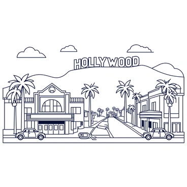 A black and white illustration of a 1920s Hollywood landscape. The scene features a prominent view of the famous "Hollywood" sign perched on the hills in the background. In the foreground, there are classic buildings with Art Deco architecture, including a vintage movie theater with a large marquee. Palm trees line the streets, creating a tropical ambiance. Vintage cars from the era are parked along the road, adding to the nostalgic atmosphere. The sky is clear with a few clouds, emphasizing the charm of the period.