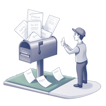 A mailbox overflowing with letters. The letters are all labeled with the word "Blame." The mailbox is metal and has a classic design, with a flag raised to indicate outgoing mail. In front of the mailbox stands a confused mail carrier. The mail carrier is wearing a uniform complete with a cap, and has a puzzled expression on their face. Papers are scattered around the base of the mailbox, and a few letters are slipping out. The setting is a suburban street with a sidewalk and green grass in the background.