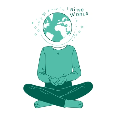 A teal person is sitting cross-legged on a smooth surface. Their hands are cupped, and a white globe depicting stars and planets is hovering above their palms. The globe is detailed with various celestial bodies, and it is surrounded by a soft glow. Above the globe, there is text that reads "Inner World." The person's expression is focused and tranquil, emphasizing a sense of contemplation and connection to the universe.