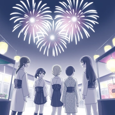 A group of anime characters is gathered in a vibrant festival scene. They are standing together, looking up at the night sky filled with "colorful fireworks." The characters have distinct styles, including vibrant outfits that are typical for summer festivals. One character has long, flowing hair and is wearing a traditional yukata, while another character has short hair and is dressed in a modern summer outfit. Surrounding them are stalls with lanterns and decorations, adding to the festive atmosphere. The expressions on their faces reflect excitement and joy as they watch the fireworks display light up the sky.