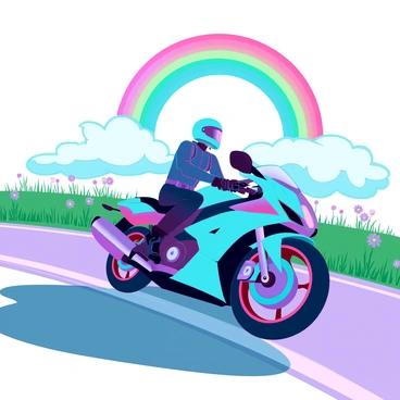 A sleek motorcycle speeds along a winding road, its glossy exterior reflecting the sunlight. The rider, dressed in a fitted leather suit and a helmet, leans into the curves of the asphalt. Above, a vibrant rainbow arcs across the sky, its colors vivid and saturated against a backdrop of fluffy white clouds. The landscape on either side of the road features lush green grass and wildflowers swaying gently in the wind, enhancing the sense of speed and freedom in the scene.
