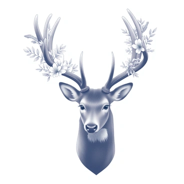 A close-up of a deer's head featuring majestic antlers. The antlers are intricately adorned with various types of flowers and plants. Each branch of the antlers showcases different species, including large blossoms and delicate leaves intermingling with the natural curves of the antlers. The deer's fur is detailed, highlighting its texture, while its eyes exhibit a gentle expression. The overall composition captures the beauty of nature intertwined with wildlife.