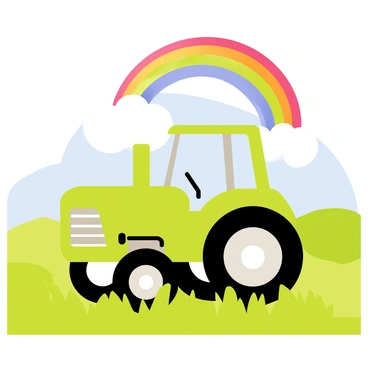 A green tractor is driving across a wide open field with lush, green grass. The tractor has large, black tires and shiny metal components. Above the tractor, a bright rainbow arcs across the sky, displaying vibrant colors of red, orange, yellow, green, blue, indigo, and violet. In the background, there are gentle hills and a clear blue sky. Fluffy white clouds float lazily overhead, adding to the cheerful atmosphere of the scene.