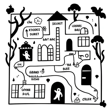 A detailed black-and-white illustration of a spooky map depicting a haunted mansion. The mansion is surrounded by twisted trees and ominous shadows. There are marked secret passages winding throughout the mansion, with arrows indicating their locations. Various rooms are labeled, including a library filled with dusty books, a grand ballroom with ghostly apparitions, and a dimly lit cellar. Ghost sightings are represented by small, transparent figures near the windows and doorways. Decorative elements like cobwebs and bats are scattered around the edges of the map, enhancing the eerie atmosphere.