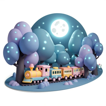 A cartoon train with a brightly colored engine, decorated with whimsical patterns, is chugging along a winding track. The train has several vibrant carriages, each uniquely designed with cheerful motifs. It is traversing a mystical forest filled with towering, oversized trees that have glowing leaves in shades of blue and purple. The full moon is shining brightly in the sky, casting a silvery light over the scene, illuminating the enchanting foliage and creating playful shadows on the ground. Small, magical creatures can be seen peeking out from behind the trees, adding a sense of wonder to the journey.