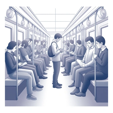 A subway car filled with numerous passengers standing closely together. People are engaged in various activities, such as reading, looking at their smartphones, or chatting with one another. In the center, a single individual stands apart from the crowd, with a downcast expression, reflecting a sense of isolation. The contrast between the busy environment and this solitary figure is evident. The interior of the subway is designed with metal poles and overhead lights, creating a stark urban atmosphere.