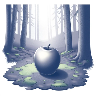 A shiny apple is resting on a dark, moss-covered forest floor. The apple has a smooth surface that reflects the faint light filtering through the dense tree canopy above. Surrounding the apple, the forest floor is adorned with patches of green moss and scattered leaves, contributing to an earthy texture. The background features tall, slender trees with thick trunks, their foliage forming a natural frame around the scene. The atmosphere conveys a sense of mystery, as if the fruit is both alluring and out of reach.