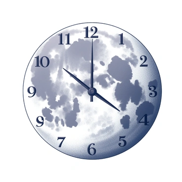 A full moon with a textured and detailed surface. The moon features clock hands that are extended outward from its center, with the hour and minute hands poised at a specific time. Surrounding the moon are numbers indicating time, arranged in a circular pattern around its circumference. The overall composition is framed against a subtle backdrop that emphasizes the moon's features and the clock elements.