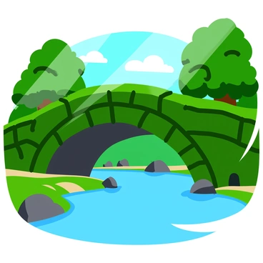 An ancient stone bridge with a rugged, weathered surface arches over a gently flowing stream. The bridge is covered in vibrant green moss, giving it a rich, textured appearance. Sunlight filters through the surrounding trees, casting dappled light on the bridge and the clear water below. The stream reflects the colors of the moss and the trees, creating a harmonious scene. Small rocks and pebbles line the edges of the stream, adding detail to the natural setting.