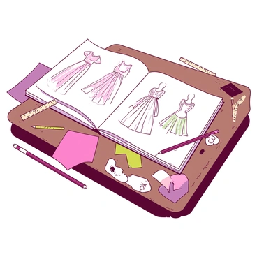 A white designer's sketchbook is open on a brown wooden desk. The pages of the sketchbook are filled with intricate hand-drawn dress designs in various styles. Surrounding the sketchbook, there are several colorful fabric swatches in different textures and patterns, arranged neatly. A set of sketching pencils and a small ruler are placed beside the sketchbook, adding to the creative atmosphere. The desk surface has a few small crumpled paper balls, indicating the designer's brainstorming process.