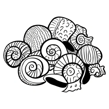 A collection of exotic mollusks with spiral shells arranged on a textured surface. Each shell showcases intricate patterns and designs, with some shells displaying distinct ridges and grooves. The scene includes various sizes of the mollusks, with their shells sprawled out and overlapping one another. 
