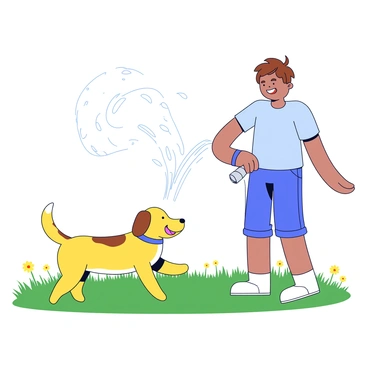 A dog joyfully chasing water from a hose as its owner laughs nearby.