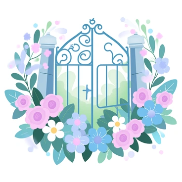 A small, ornate gate is partially hidden behind a dense array of blooming flowers in vibrant colors. The gate features intricate metalwork with delicate patterns and a rustic finish. The surrounding flowers are a mix of various species, including roses, daisies, and wildflowers, creating a lush, colorful scene. The garden beyond the gate is suggested by a glimpse of greenery and hints of other plants, inviting curiosity and intrigue. Sunlight filters through the leaves, casting dappled shadows on the gate and flowers.