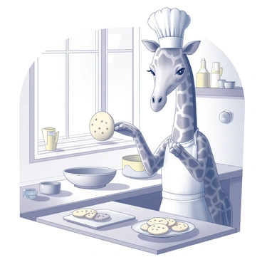 A giraffe standing upright in a kitchen setting, wearing a white apron tied around its waist and a tall chef's hat on its head. The giraffe is reaching up to a countertop, carefully placing cookie dough onto a baking sheet. The kitchen is equipped with various baking tools, including a mixing bowl and measuring cups scattered around. Light streams in through a window, illuminating the scene and creating a joyful atmosphere. The walls are adorned with whimsical kitchen decorations, and a plate of freshly baked cookies sits on the counter waiting to be served.