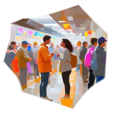 A busy subway platform filled with commuters waiting for their train. People of various ages and backgrounds are standing closely together, some absorbed in their phones while others engage in conversation. Two individuals, one with light skin and short brown hair and the other with dark skin and long curly hair, lock eyes in a moment of shared understanding. The background is filled with blurred figures and the details of the subway station, including advertisements and the looming architecture of the platform. The atmosphere is bustling, with the sound of trains arriving and the faint hum of conversation creating a sense of urgency.