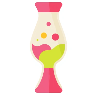 A lava lamp with a transparent base and a vivid, colorful liquid inside. The lamp is illuminated from the bottom, casting a soft glow. Inside, there are multiple shapes, including spheres and blobs, that rise and fall as they bubble and move. The bright colors of the shapes include bright red, yellow, and green, creating an eye-catching contrast against the darker liquid. The background is absent, focusing entirely on the dynamic movement within the lava lamp.