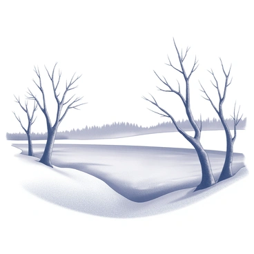 A frozen lake with a smooth, icy surface reflecting the surrounding environment. A light dusting of snow covers the ground, adding a delicate layer to the landscape. Several bare trees with gnarled branches stand at the edges of the lake, their trunks rough and textured. The trees create an intricate silhouette against the cold sky, enhancing the tranquil atmosphere of the scene.