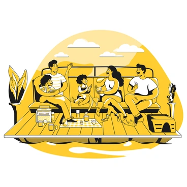 A family enjoying a small picnic on the deck of a water taxi while sightseeing