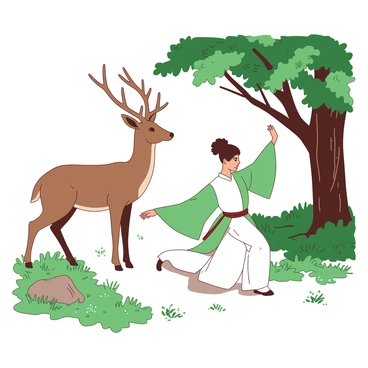 A brown deer stands gracefully with its head slightly tilted, observing a person practicing tai chi in a peaceful forest glade. The practitioner is dressed in flowing white clothing, moving fluidly through a tai chi pose, with arms extended in a gentle motion. Sunlight filters through the canopy of leaves above, casting soft shadows on the ground. Lush green grass and small wildflowers surround the deer and the practitioner, enhancing the tranquil atmosphere of the scene. The deer appears calm and curious, creating a harmonious interaction between nature and the practice.