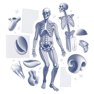 A collection of detailed anatomical illustrations displayed in a collage format. The illustrations include a human skeleton, muscular structures, and organ systems, all meticulously labeled. Interspersed among these anatomical images are abstract art elements, featuring geometric shapes and flowing lines that contrast with the precision of the anatomical details. The composition creates a visual interplay between the scientific and the artistic, inviting the viewer to explore the relationship between the two realms.