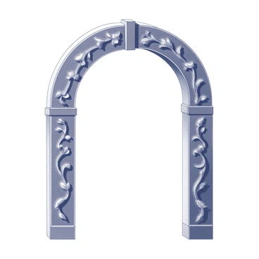 An ornate archway made of intricately carved wood. The arch features detailed botanical motifs, including leaves and vines that wrap around the structure. The design conveys a sense of elegance with its flowing lines and complex patterns. The arch is large and inviting, standing tall as a focal point in a garden setting.