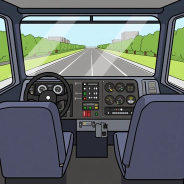 The interior of a bus driver's cabin is filled with various controls and instruments. The dashboard features numerous buttons, switches, and levers, all labeled with clear text. There is a large steering wheel prominently positioned in front of the driver's seat, which is upholstered in dark fabric. The driver's seat is slightly elevated, providing a better view of the road ahead. Outside the windshield, a stretch of asphalt road is visible, flanked by green trees and buildings. Sunlight streams through the windshield, illuminating the controls and giving a clear view of the scene outside.