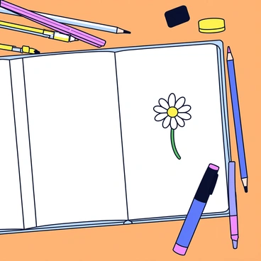 A sketchbook lies open, displaying a detailed illustration of a daisy in the center of a blank page. Surrounding the sketchbook are various art supplies, including colored pencils, a black ink pen, and a small eraser. The colored pencils are arranged in a slightly chaotic manner, some atop the sketchbook while others are scattered on a wooden table surface. The sketchbook has a white cover with a subtle texture.