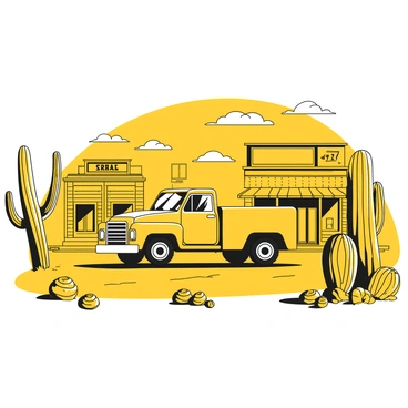 A large truck parked on a dirt road in the center of a wild west town. The truck has a robust design, with prominent wheels and a flatbed. Surrounding the truck are several cacti of varying heights, each with distinct shapes and spines. Tumbleweeds are scattered across the ground, rolling gently in the breeze. The town features wooden buildings with weathered facades, including saloons and general stores, creating an authentic wild west atmosphere. The sky above is clear with a few distant clouds.