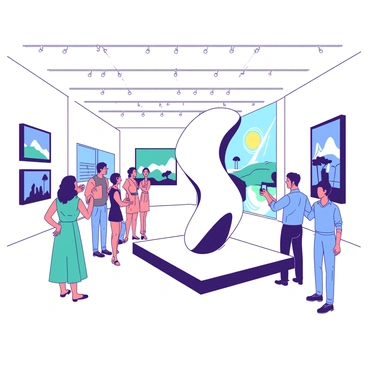 A white modern sculpture stands prominently in the center of a Capri art gallery. The sculpture features abstract shapes and smooth curves, elegantly capturing the light. Around the sculpture, there are several visitors, including a woman in a teal dress admiring the piece, a man in a blue shirt taking a photo, and a couple discussing it animatedly. The gallery walls are adorned with various colorful paintings, adding to the vibrant atmosphere of the space. Natural light streams in through large windows, illuminating the scene.