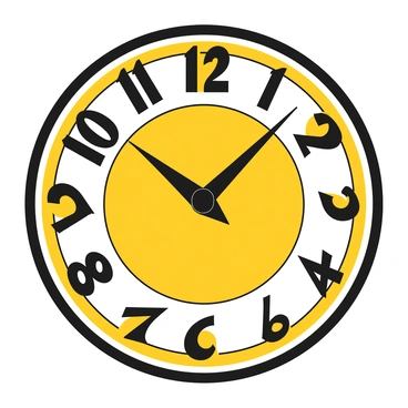 A wall clock featuring a circular face with bold and angular "art deco" numerals prominently displayed around the edge. The numerals are in a striking design, taking up significant space on the clock face. The clock hands are also angular, with a sharp, elongated design pointing to the hours and minutes. The clock frame has a smooth finish, providing a contrast to the intricate numeral and hand designs. The overall composition emphasizes the geometric shapes and symmetry characteristic of the art deco style.