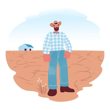 A farmer is standing in a vast, dry field with cracked earth stretching out around him. He is wearing a plaid shirt and faded jeans, with a sun hat casting a shadow over his head. The field is devoid of crops, emphasizing its unproductive state, and the sky above is clear with a gradient of soft pastel colors transitioning from light blue to pale orange. Even in this barren landscape, a few wilted weeds are visible near his feet. A distant barn can be seen along the horizon, adding depth to the scene.