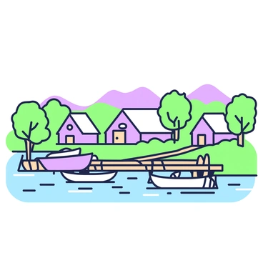 A peaceful village is situated beside a river. The village features several small houses with thatched roofs arranged in a neat row. A wooden dock extends over the water, with details of wood grain visible. Alongside the dock, small boats are tied securely, their ropes visible in the gentle reflections on the water's surface. Lush greenery surrounds the area, with a few trees casting shadows on the riverbank. In the background, soft hills rise gently, completing the serene landscape.